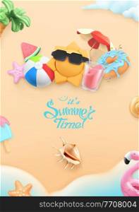 Summer time background. 3d vector realistic illustration. Beach, sun, umbrella, cocktail, seashell
