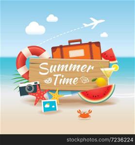 Summer time background banner design template and wooden sign element beach season
