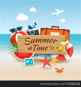 Summer time background banner design template and wooden sign season elements beach