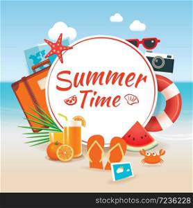 Summer time background banner design template and wooden sign season elements beach