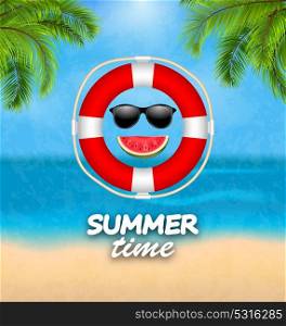 Summer Time Background with Palm Leaves, Lifebuoy and Beach. Template of Poster for Summer Holidays - Illustration Vector. Summer Time Background with Palm Leaves, Lifebuoy and Beach