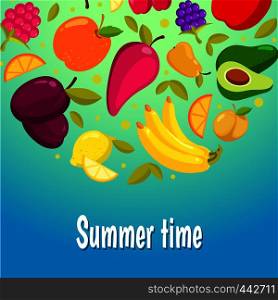 Summer time banner. Colorful background with fresh fruits. Vector illustration. Summer time. Colorful background with fruits