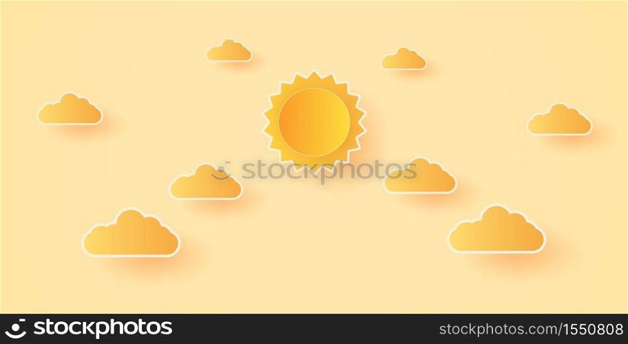 Summer Time, Cloudscape, bright sky with clouds and sun, paper art style
