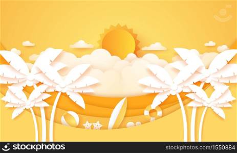 Summer Time, Cloudscape, cloudy sky with bright sun, coconut palm tree with summer stuff, paper art style