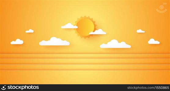 Summer Time, Cloudscape, cloudy sky with bright sun, paper art style