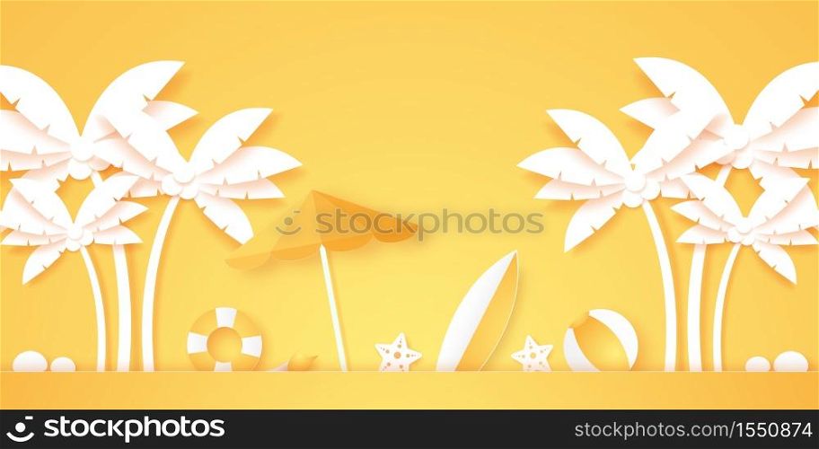 Summer time, coconut palm tree with summer stuff, paper art style