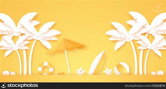 Summer time, coconut palm tree with summer stuff, paper art style