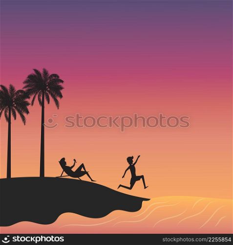 Summer time concept, man and woman happy on the beach, sunset landscape background, silhouette vector illustration flat