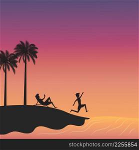 Summer time concept, man and woman happy on the beach, sunset landscape background, silhouette vector illustration flat