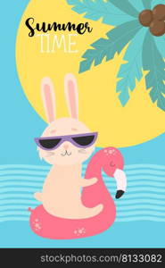 Summer Time. Cute funny bunny in sunglasses on flamingo waterproof rubber ring. Vector illustration. Tropical poster with Summer character hare beach tourist For design, print, postcards, flyer, cards