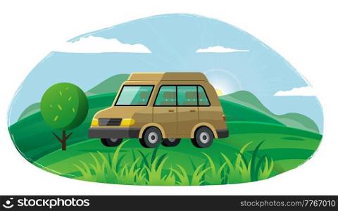 Summer time family trip. People traveling by car on road in forest. Traveling together. Green automobile moving on ground way through summer meadow. Car driving on road, adventure time, autotourism. Summer time family trip. People traveling by car on road in forest. Traveling together, autotourism