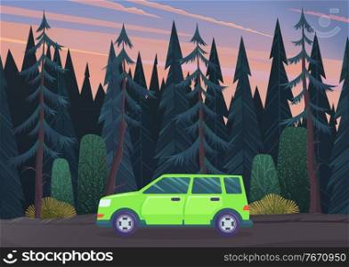 Summer time family trip. People traveling by car on the road in the forest. Traveling together. Green automobile moving on a ground way through a dark forest. Car driving on road vector, flat style. Summer time family trip. People traveling by car on the road in the forest. Traveling together