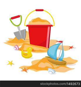 Summer time flat design. Vector. Beach toys isolated. Pail, shovel, starfish, bucket, duckling, shell, sand. . Beach toys isolated. Pail, shovel, starfish, bucket, duckling, shell, sand. Summer time flat design. Vector