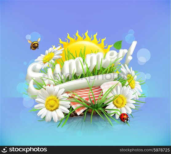 Summer, time for a picnic, nature, outdoor recreation, a tablecloth and sun behind, grass, flowers of chamomile, vector illustration showing the summertime