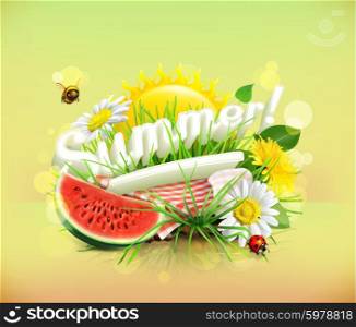 Summer, time for a picnic, watermelon, nature, outdoor recreation, a tablecloth and sun behind, grass, flowers of chamomile and dandelion, vector illustration showing the summertime