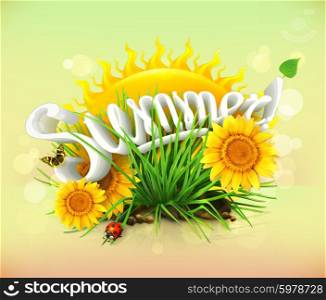 Summer, time for a vacation and travel, the sun and some grass, sunflowers, a ladybug and butterfly in the garden, universal background