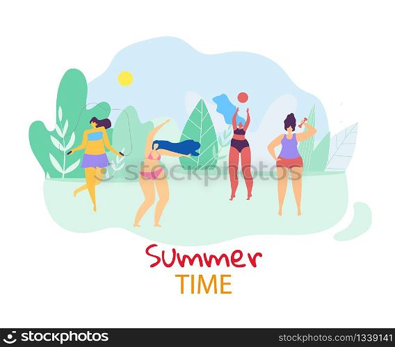 Summer Time. Group of Young Happy Plus Size Women Playing and Relaxing Openair on Landscape Background with Field, Blue Sky and Trees. Active Lifestyle. Body Positive. Cartoon Flat Vector Illustration. Group of Happy Woman Playing and Relaxing Openair