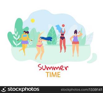 Summer Time. Group of Young Happy Plus Size Women Playing and Relaxing Openair on Landscape Background with Field, Blue Sky and Trees. Active Lifestyle. Body Positive. Cartoon Flat Vector Illustration. Group of Happy Woman Playing and Relaxing Openair