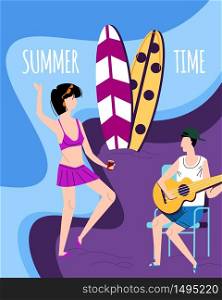 Summer Time Horizontal Banner Happy Couple Man and Woman Spend Time Outdoors on Beach. Young Man Playing Guitar, Girl Drink Beverage and Dancing, Romantic Relations, Cartoon Flat Vector Illustration. Man Playing Guitar Girl Drink Beverage and Dancing
