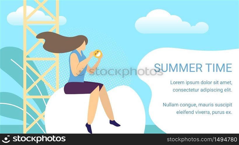 Summer Time Horizontal Banner, Woman Sitting in front of Telecommunication Tower Holding Smile in Hands. Communication, Social Media Relations, Accounting, Chatting. Cartoon Flat Vector Illustration. Woman Sitting near Tower Holding Smile in Hands.