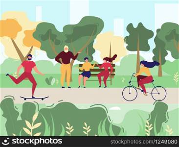 Summer Time in City Park Flat Vector Concept with People Riding Bicycle, Goes on Skateboard, Sitting on Bench and Talking While Meeting with Friends Illustration. Outdoors Activity, Healthy Lifestyle
