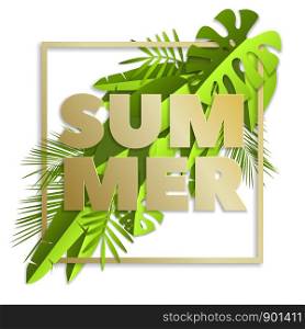 Summer time inscription with green, bright and tropical leaves, isolated vector illustration
