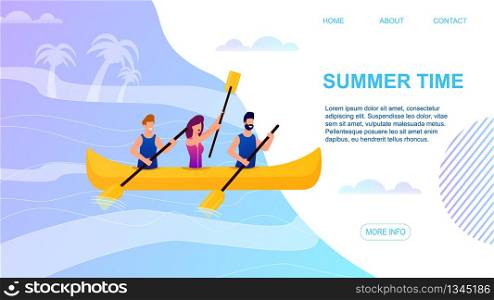 Summer Time Landing Page Offering to Spend Active Vacation on Tropical Island. Cartoon Male and Female Tourists Rowing on Canoe. Happy Sports Recreation and Rest. Vector Flat Illustration. Summer Time Landing Page Offering Active Vacation