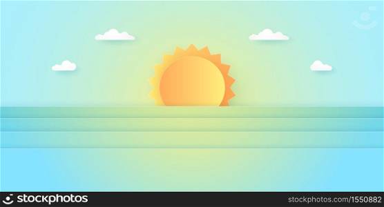 Summer Time, landscape, cloudy sky with bright sun, paper art style
