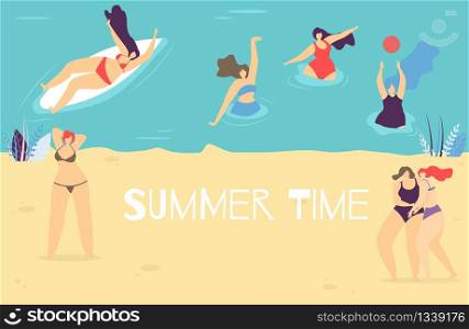 Summer Time Lettering Flat Banner Body Positive Concept Group of Plus Size Cartoon Women Having Fun on Sand Beach Swimming in River on Desk Playing with Ball Vector Illustration Design Template. Summer Time Flat Banner with Body Positive Concept