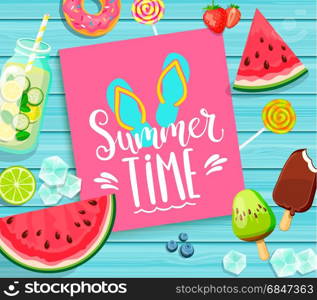 Summer time lettering on blue wooden background with slippers, watermelon, detox, ice, donut, ice cream, lime and candy. Vector Illustration.. Summer time lettering on blue wooden background.