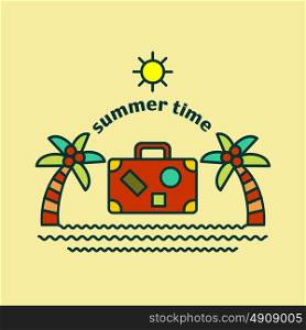 Summer time logo vector illustration. Palm tree, suitcase, sun and sea. Leisure, vacation, tourism, travel.