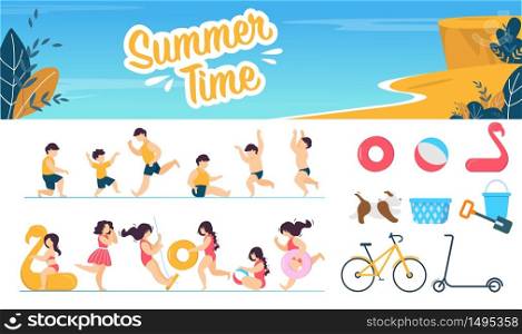Summer Time Marine Header Banner. Cartoon Happy Children Characters Wearing Swimming Suit Enjoy Rest on Beach and Seacoast Bundle. Toys, Dog, Rubber Rings, Transport Set. Vector Flat Illustration. Summer Time Marine Set with Children Characters