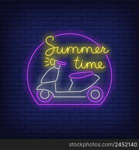 Summer Time neon lettering and scooter logo. Holiday, leisure and travel design. Night bright neon sign, colorful billboard, light banner. Vector illustration in neon style.