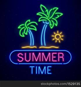 Summer time neon sign. Palm trees on sand beach, sun isolated on dark blue background. Summer logo, light banner. Bright colorful signboard for club, bar or cafe advertisement, travel concept. Summer time neon sign. Palm trees on sand beach, sun isolated on dark blue background. Summer logo, banner