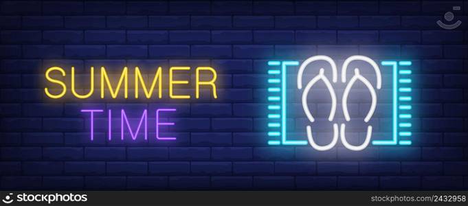 Summer time neon style lettering. Flip flops on beach mat on brick background. Beach, summer resort, vacation. Bright wall sign. Can be used for advertising, signboard, web design