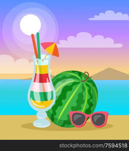 Summer time on beach, papercard decorated by watermelon, cocktail in glasses and sunglasses. Colorful card with clody sky and sunshine flat style vector. Watermelon, Cocktail and Sunglasses, Beach Vector