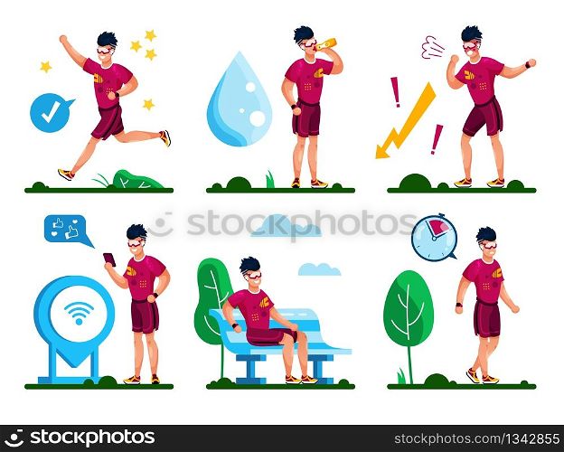 Summer Time Outdoor Activity Trendy Flat Vector Concepts Set. Young Man Jogging in Park, Quenching Thirst, Resting on Bench, Tired After Training, Tracking Sport Results with Cellphone Illustrations
