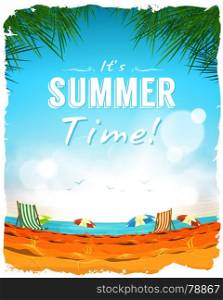Summer Time Poster Background. Illustration of a design summer tropical beach background, with hot sand, chairs and sunshades on ocean horizon, for fun vacations and holidays
