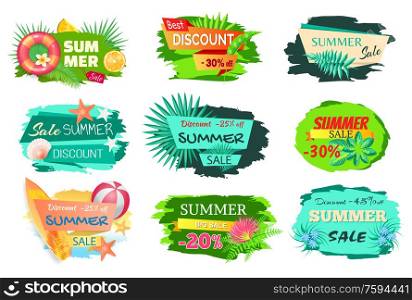 Summer time sale 20 and 30 percent of reduction vector. Banners set with starfish and seashell. Leaves of palm tropical trees plants lifebuoy and ball. Summer Time Sale 20 Percent Vector Illustration