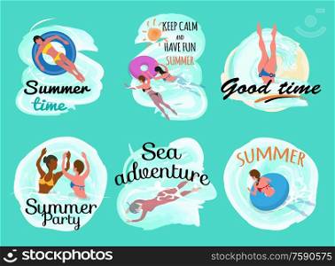 Summer time sea adventures vector, people having good time swimming and playing games. Person in water, lifebuoy saving ring and lady laying on it. Summer Vacation of People, Holidays Summertime Set