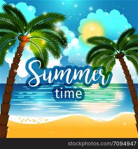 Summer time sea view background. Ocean and palm trees seaside blue design. Vector illustration. Summer time sea view background