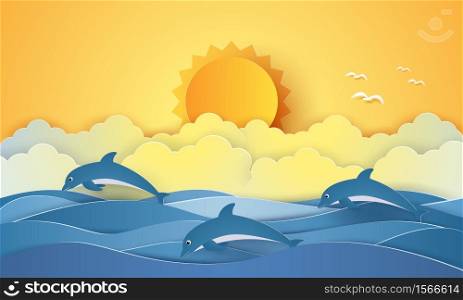 Summer time , sea with dolphins and sun , paper art style