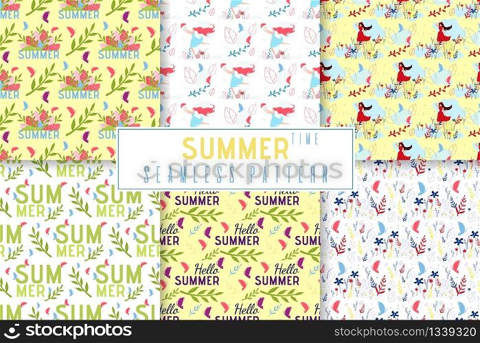 Summer Time Seamless Pattern Set in Floral Jungle Style. Beautiful Women, Plants Leaves and Lettering. Vector Repeat Illustration. Endless Abstract Texture. Natural Organic Background and Wallpaper. Summer Time Seamless Pattern Set in Floral Style