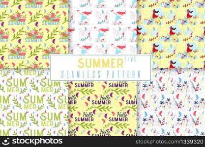 Summer Time Seamless Pattern Set in Floral Jungle Style. Beautiful Women, Plants Leaves and Lettering. Vector Repeat Illustration. Endless Abstract Texture. Natural Organic Background and Wallpaper. Summer Time Seamless Pattern Set in Floral Style
