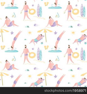 Summer time seamless pattern,texture with guys on beach,active male characters.Trendy style vector illustration