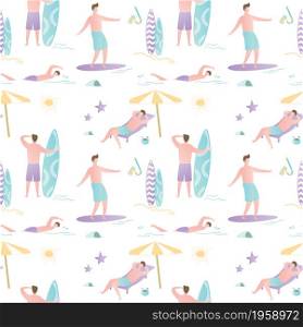 Summer time seamless pattern,texture with guys on beach,active male characters.Trendy style vector illustration