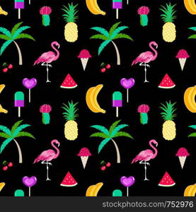 Summer time seamless pattern with tropical elements on a black background. Colorful summer tropic icon background for your design