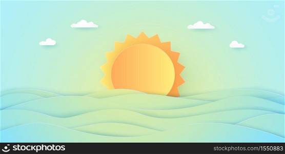 Summer Time, Seascape, cloudy sky with bright sun and sea, paper art style