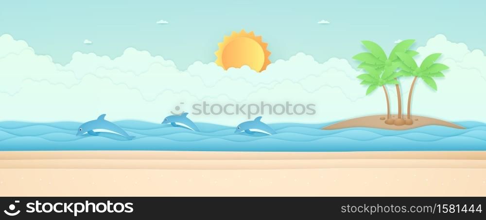 Summer Time, seascape, landscape, dolphins swimming in the sea, beach and coconut trees on island, sun in the sky, paper art style