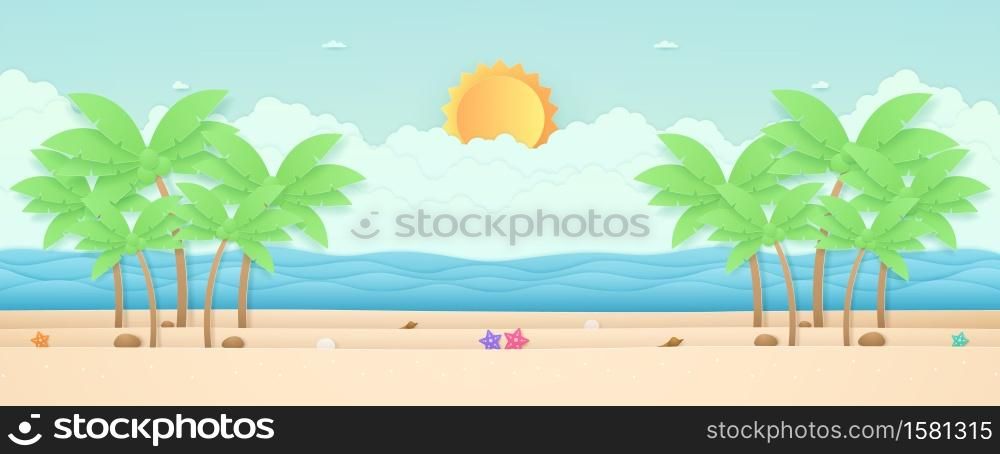 Summer Time, seascape, landscape, starfish and coconut trees on the beach with sea, bright sun in the sky, paper art style